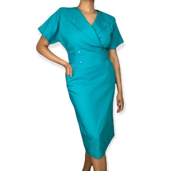 Vintage 80s Teal Dress Secretary Retro Linen Double Breasted Sheath Knee Length - Picture 1 of 13